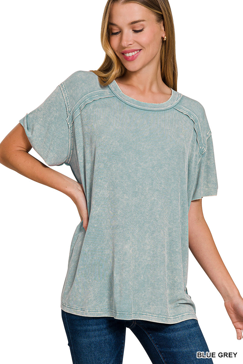 Zenana Women's Washed Ribbed Short Sleeve Boat-Neck Top - Blue Gray