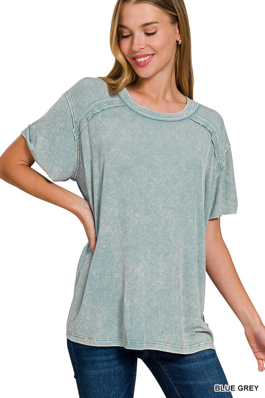 Zenana Women's Washed Ribbed Short Sleeve Boat-Neck Top - Blue Gray