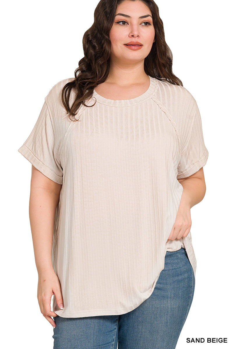 Acid Washed Ribbed Short Sleeve Boat Neck Top - Plus Size