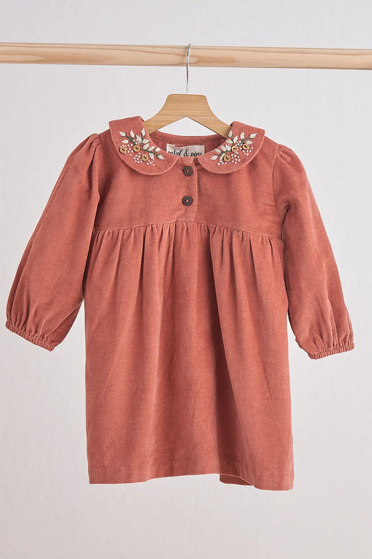 Petal & Pine Girl's Rust Floral Embroidery Velveteen Girl Dress - Size 7