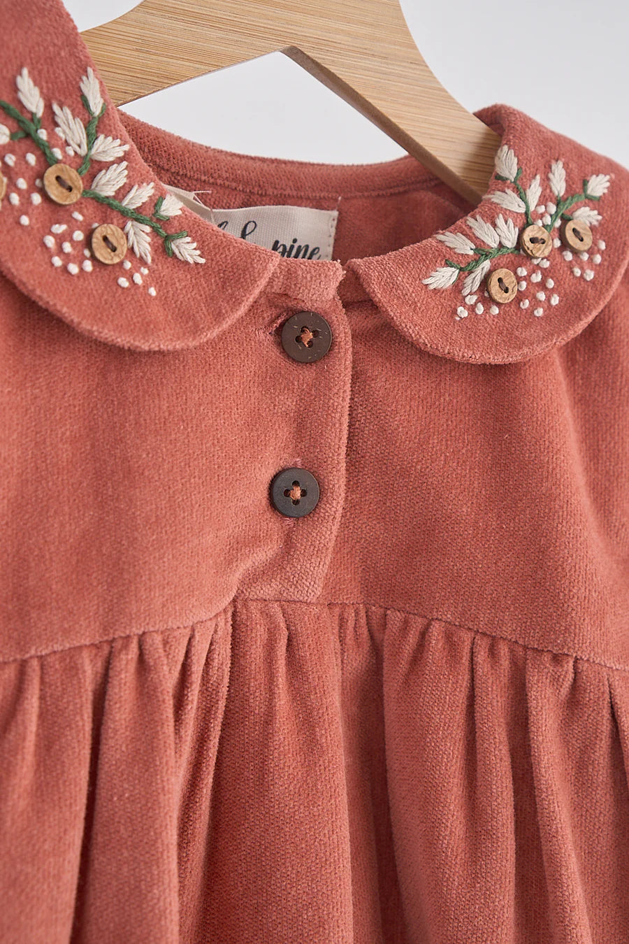 Petal & Pine Girl's Rust Floral Embroidery Velveteen Girl Dress - Size 7