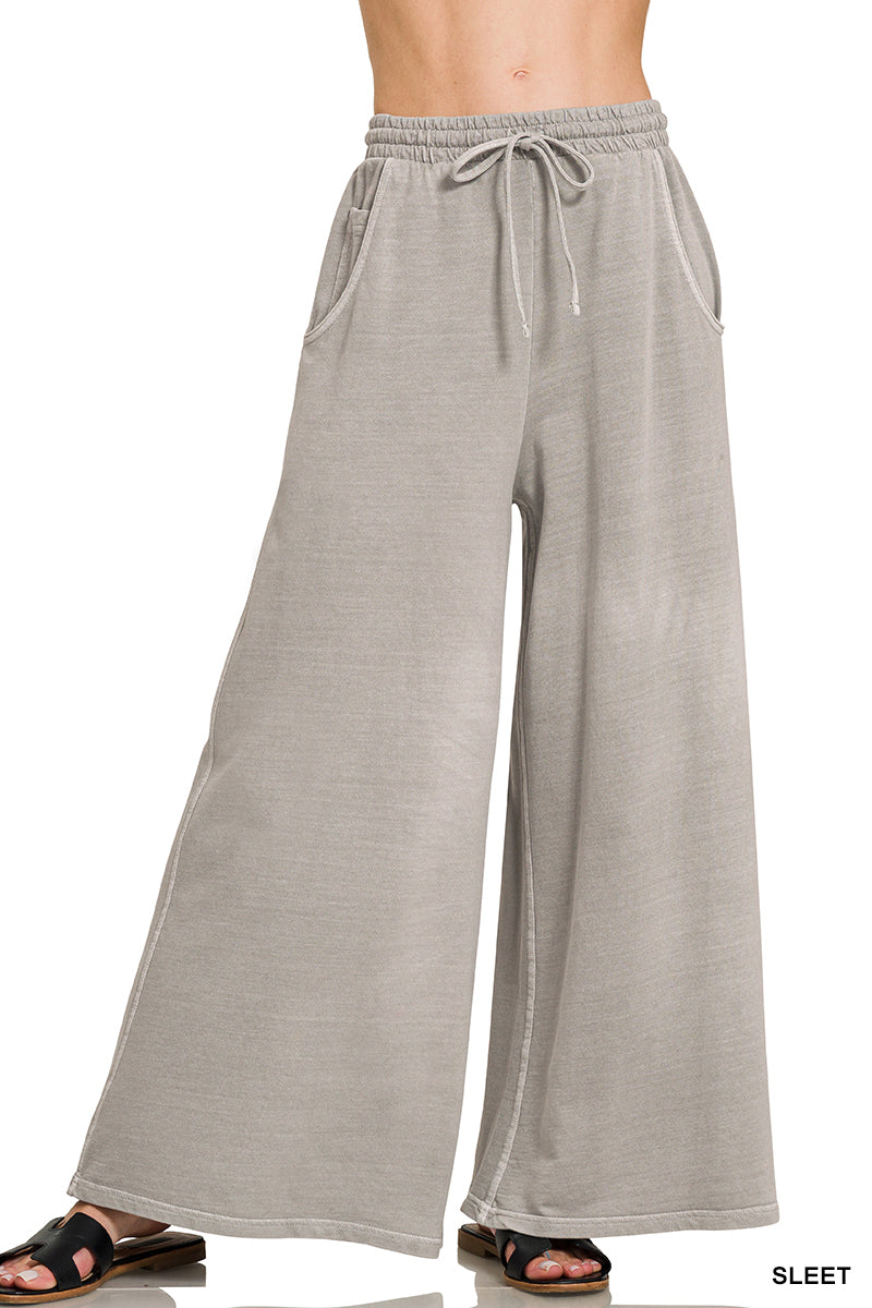 Zenana Women's French Terry Pigment Dye & Enzyme Washed Pants - Sleet