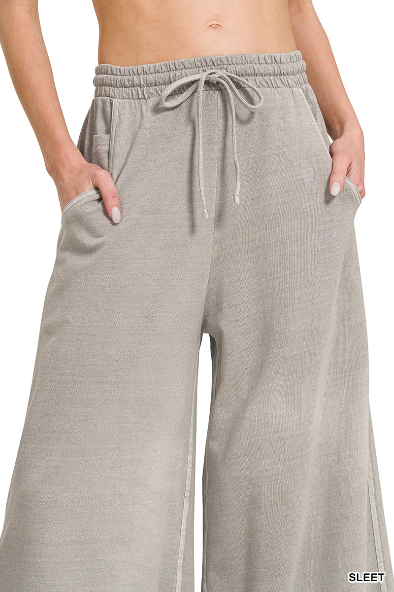 Zenana Women's French Terry Pigment Dye & Enzyme Washed Pants - Sleet