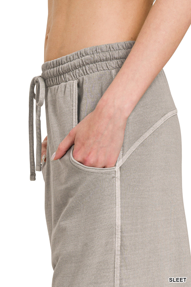 Zenana Women's French Terry Pigment Dye & Enzyme Washed Pants - Sleet