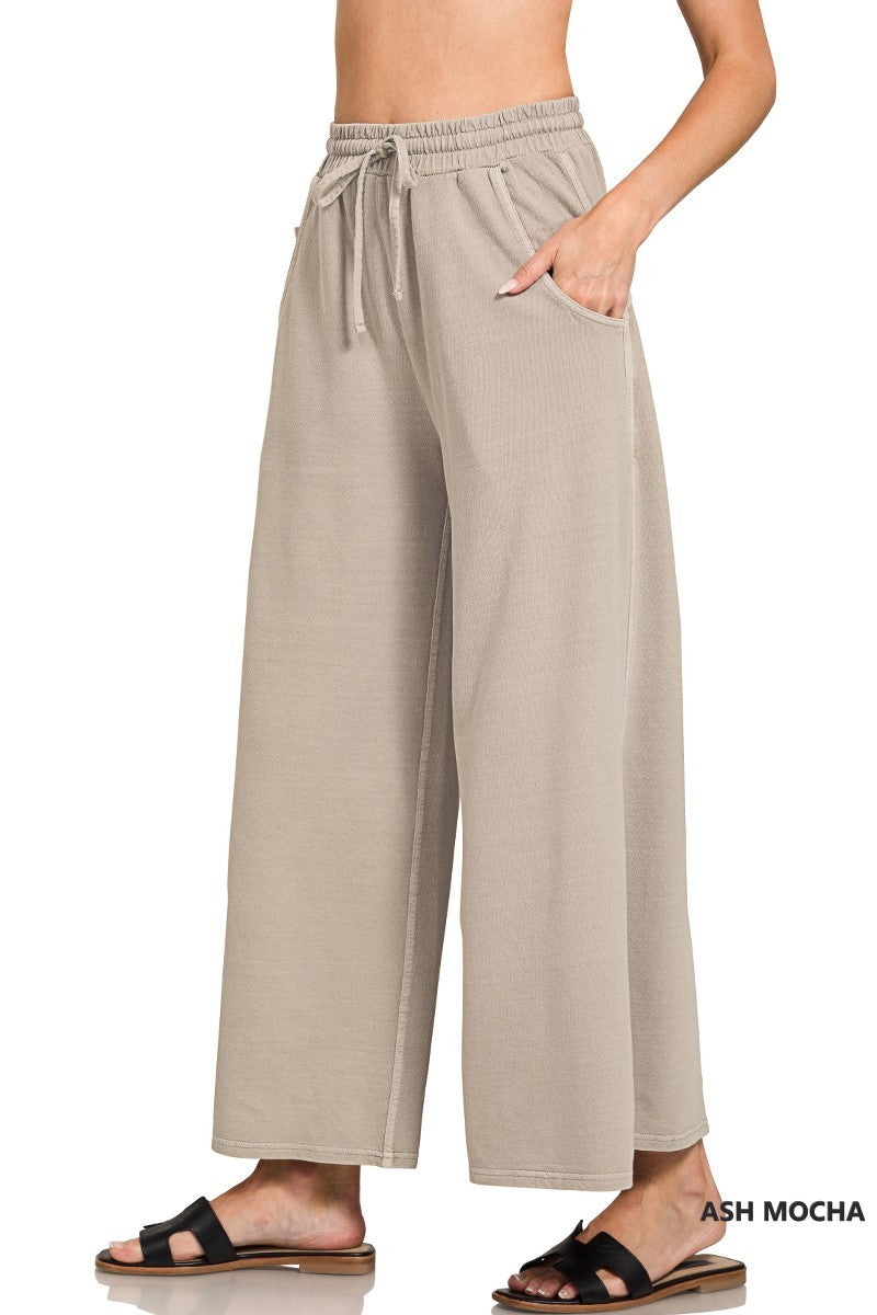 Zenana Women's French Terry Pigment Dye & Enzyme Washed Pants - Sleet