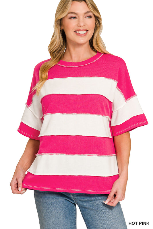 Zenana Women's French Terry Striped Exposed Seam Top - Hot Pink