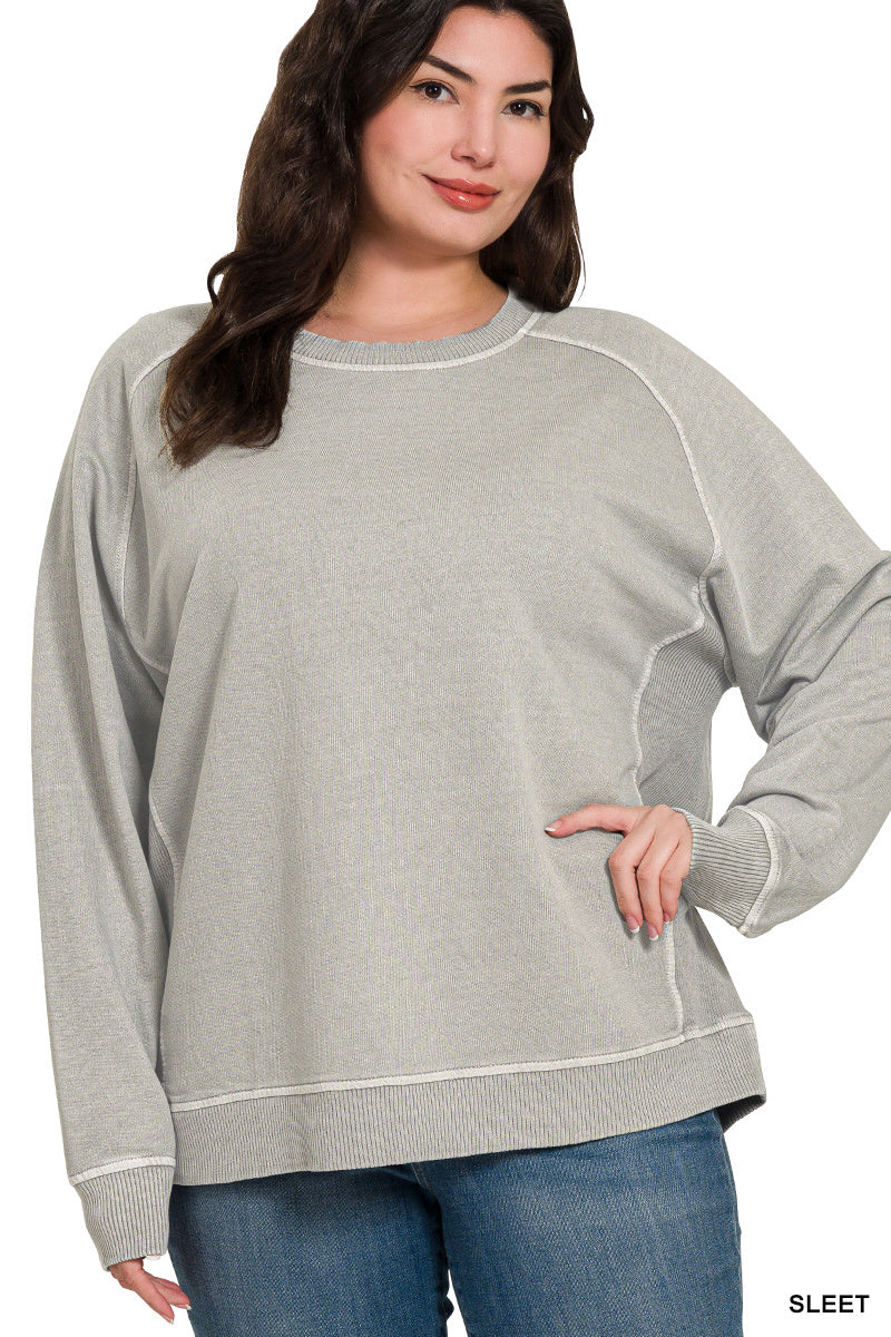 Zenana Women's Plus French Terry Pigment Dye & Enzyme Washing Pullover - Sleet