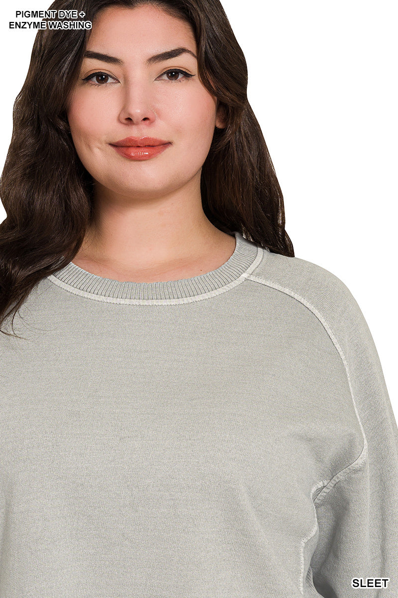 Zenana Women's Plus French Terry Pigment Dye & Enzyme Washing Pullover - Sleet
