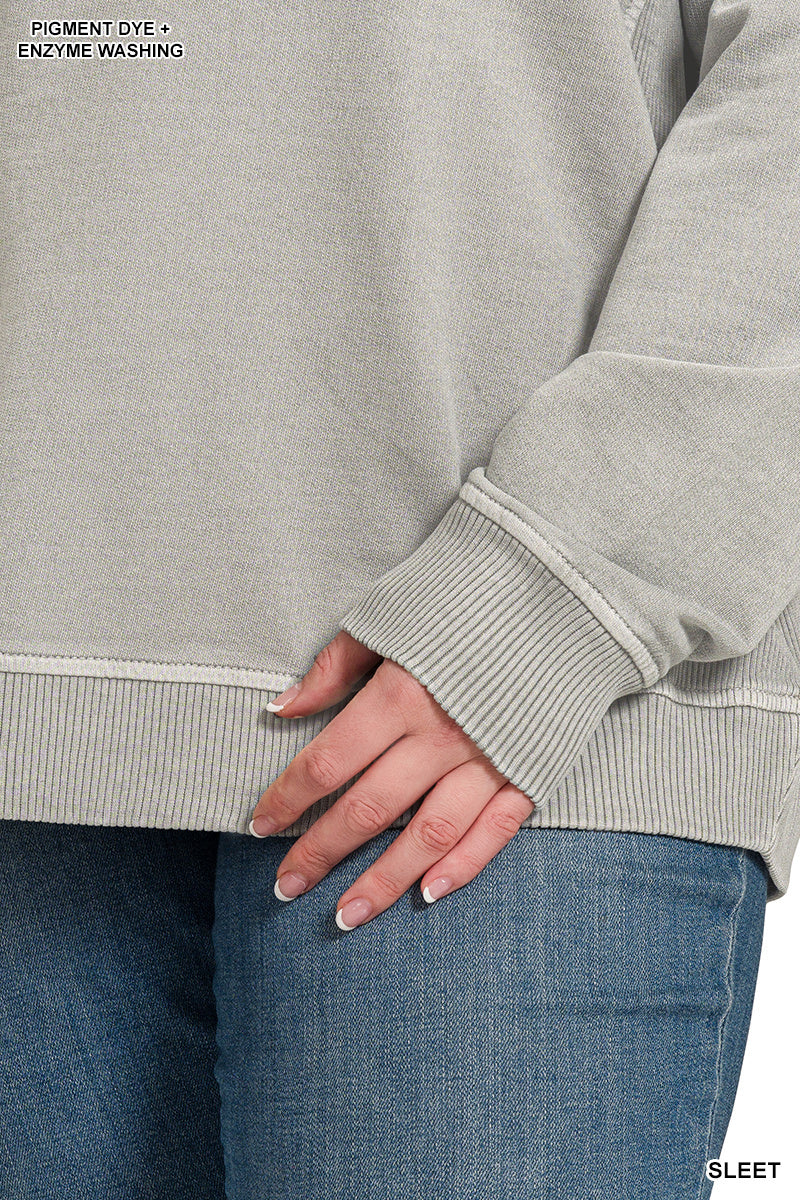 Zenana Women's Plus French Terry Pigment Dye & Enzyme Washing Pullover - Sleet