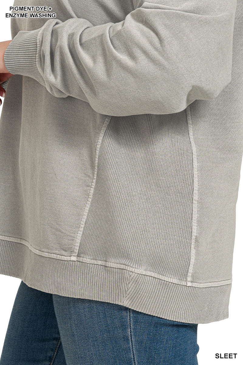 Zenana Women's Plus French Terry Pigment Dye & Enzyme Washing Pullover - Sleet