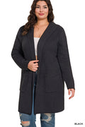 Zenana Women's Plus Hooded Open Front Sweater Cardigan - Black