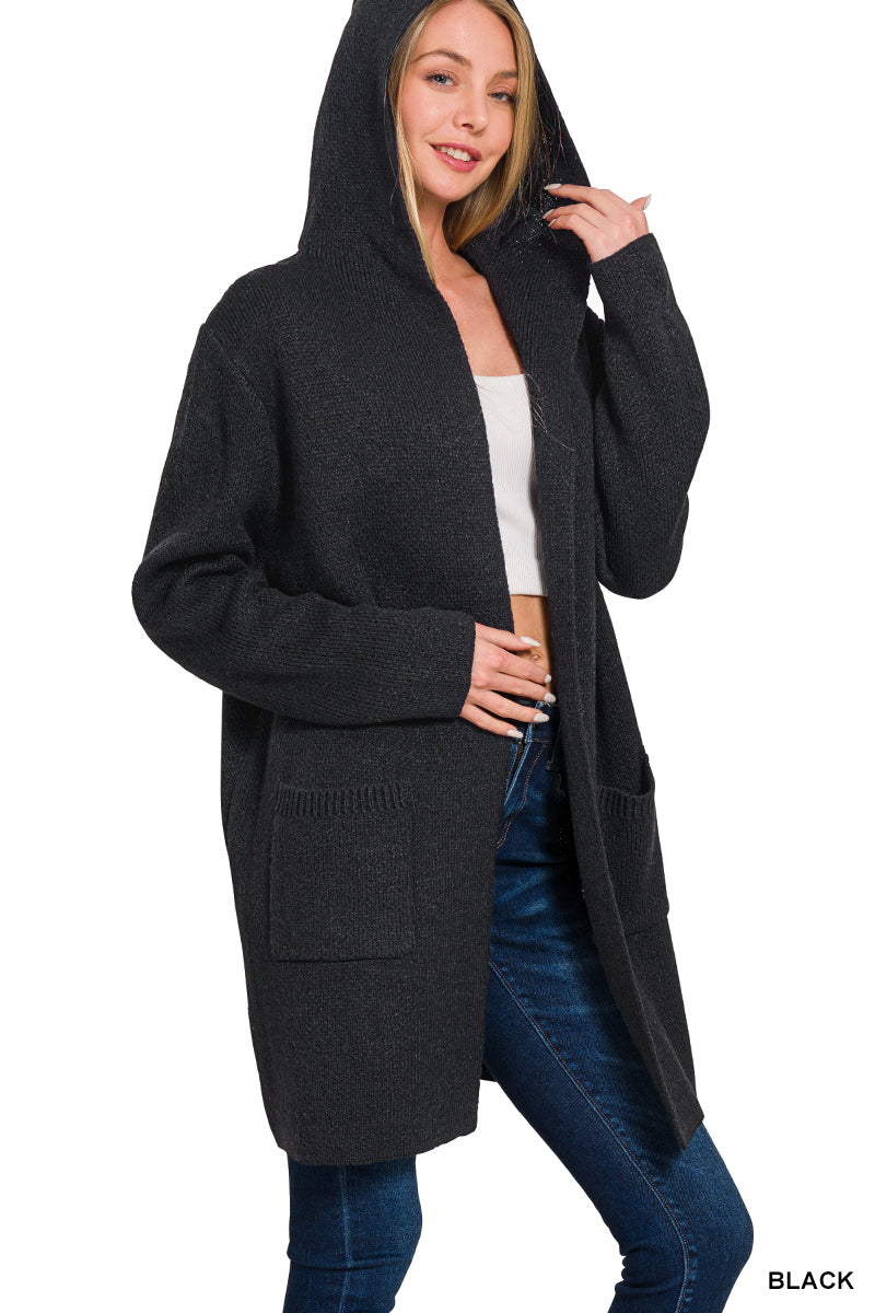 Zenana Women's Hooded Open Front Sweater Cardigan - Black