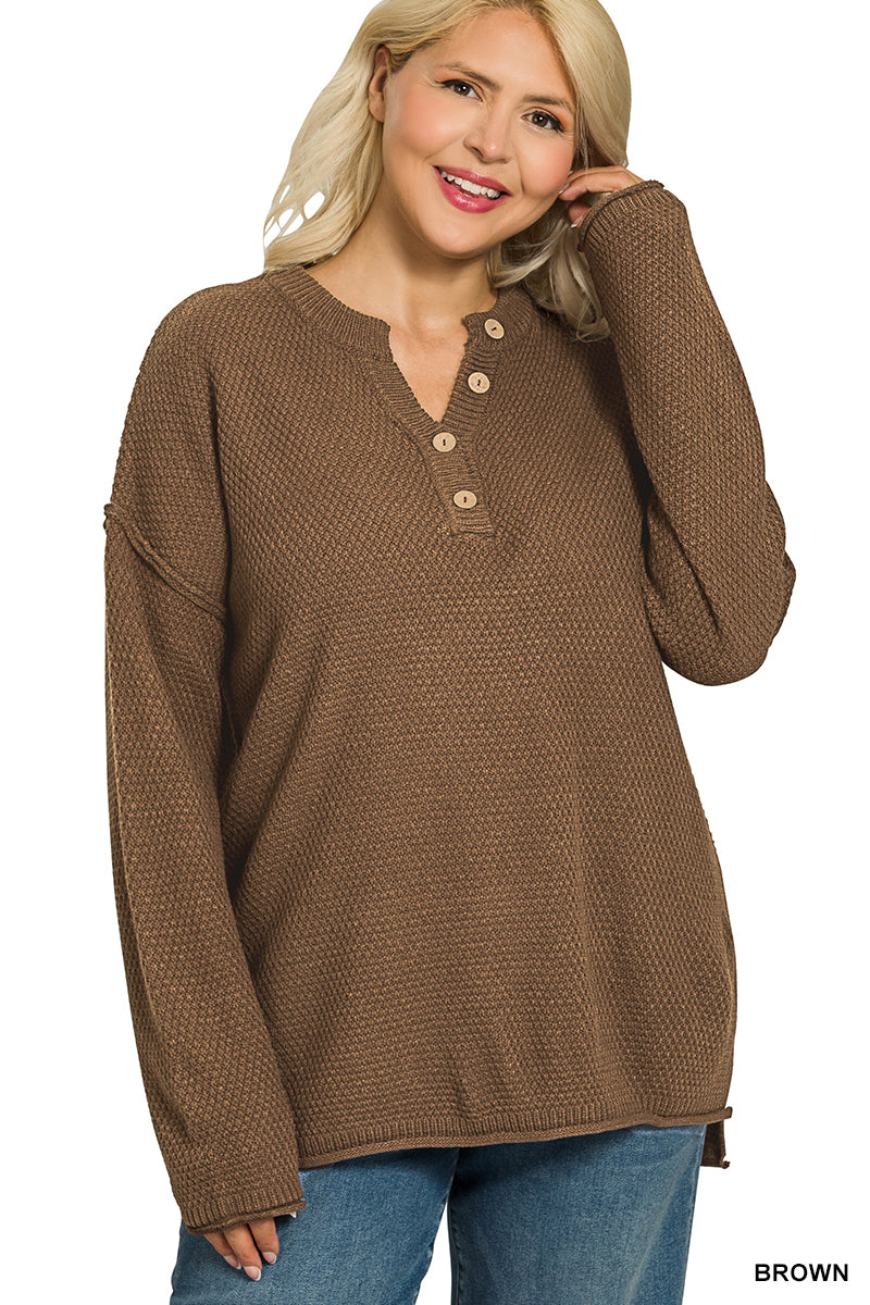 Zenana Women's Plus Henley Neckline Basic Sweater - Brown