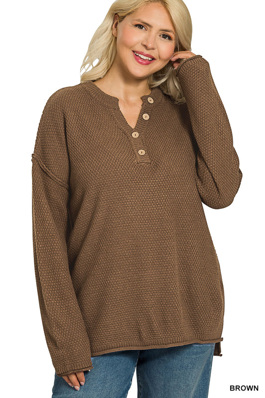 Zenana Women's Plus Henley Neckline Basic Sweater - Brown