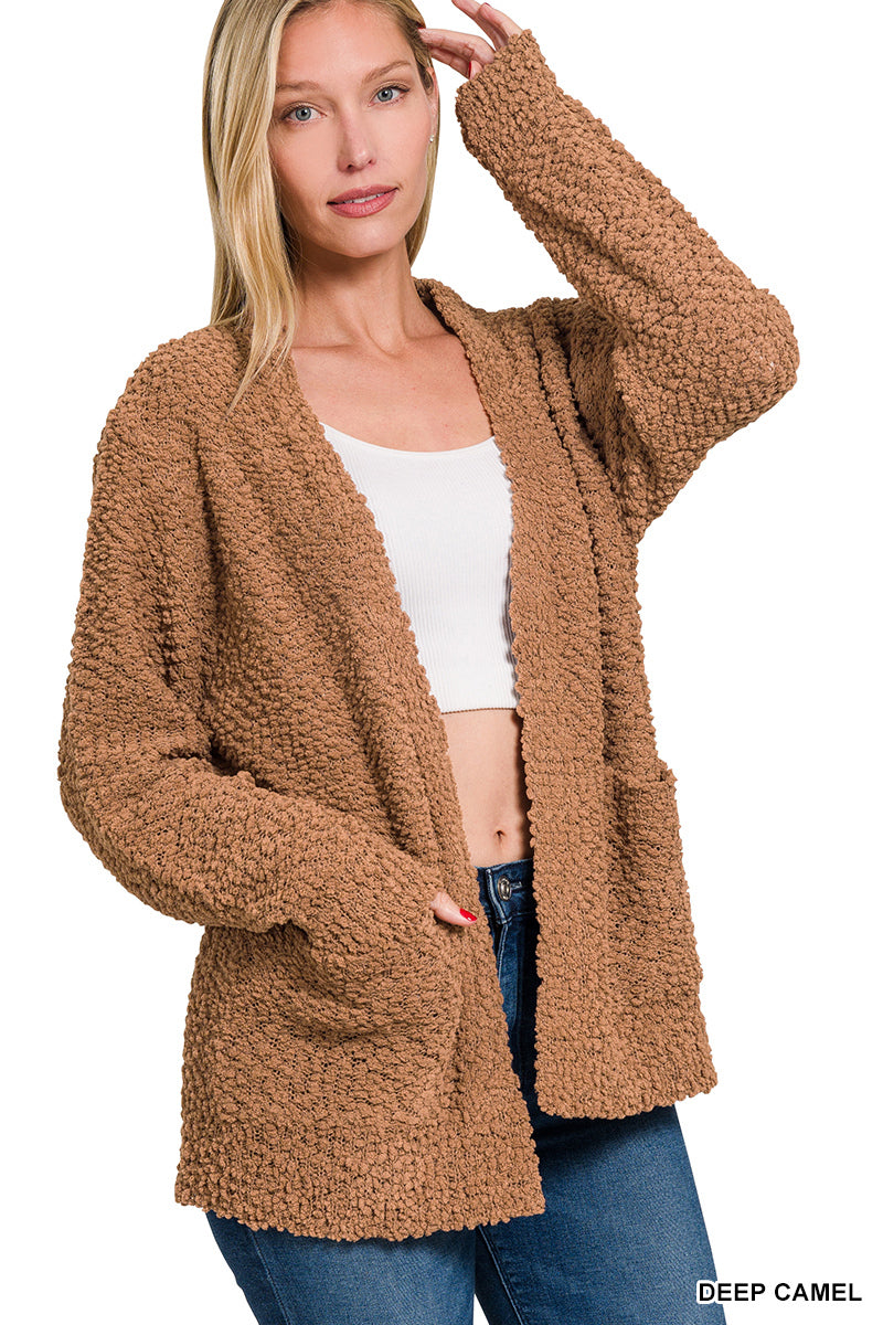 Zenana Women's Long Sleeve Popcorn Sweater Cardigan with Pockets - Deep Camel