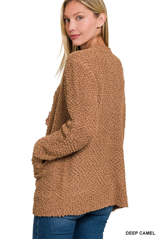 Zenana Women's Long Sleeve Popcorn Sweater Cardigan with Pockets - Deep Camel Zenana