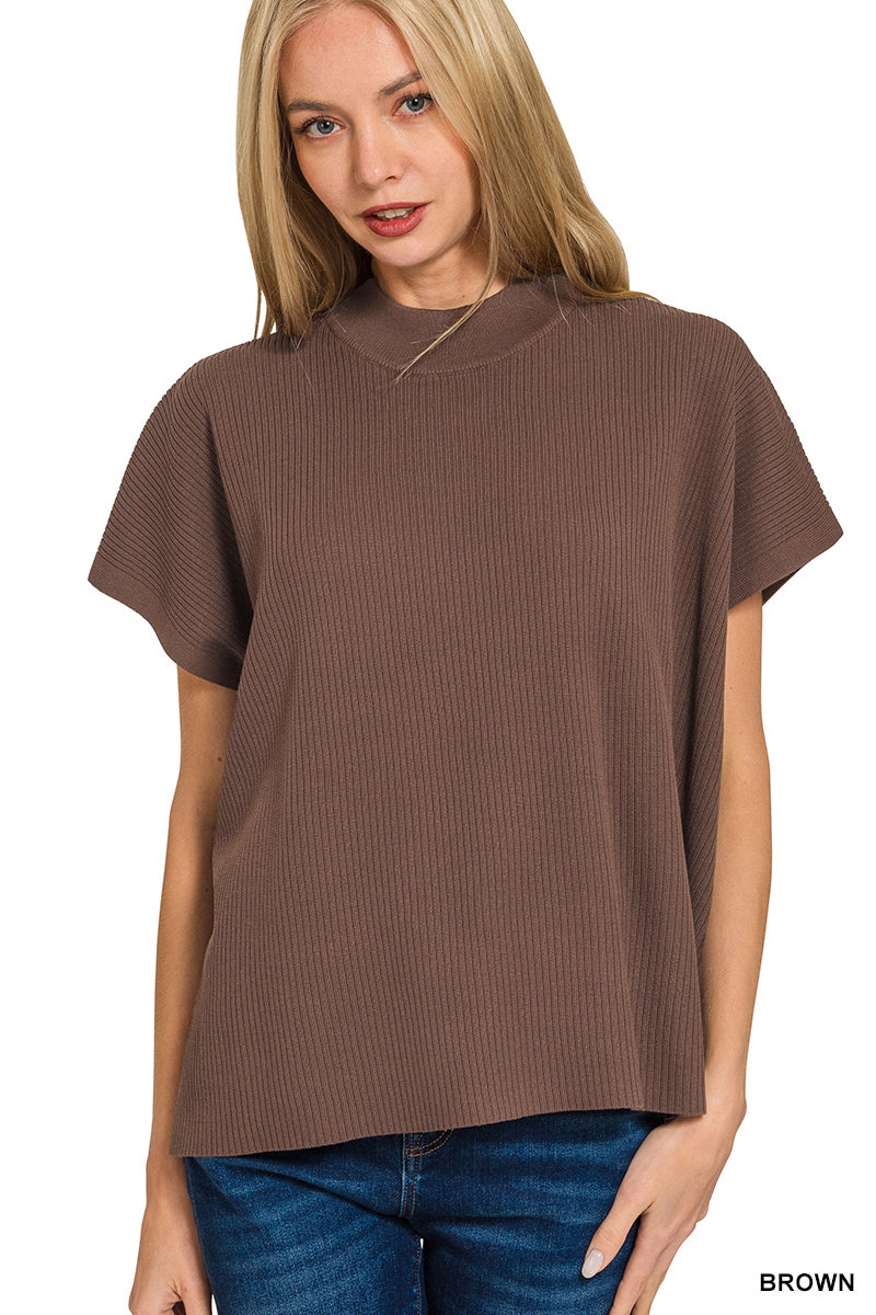 Zenana Women's Viscose Mock Neck Boxy Sweater - Brown