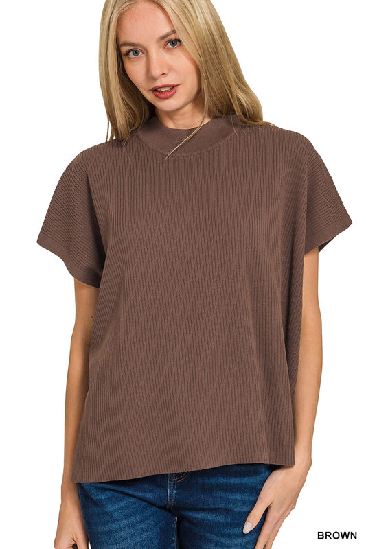 Zenana Women's Viscose Mock Neck Boxy Sweater & Pant Set - Brown