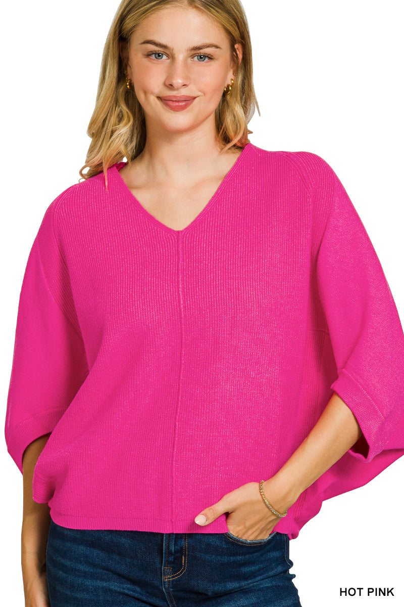 Zenana Viscose V Neck Dolman Sweater - Hot Pink
