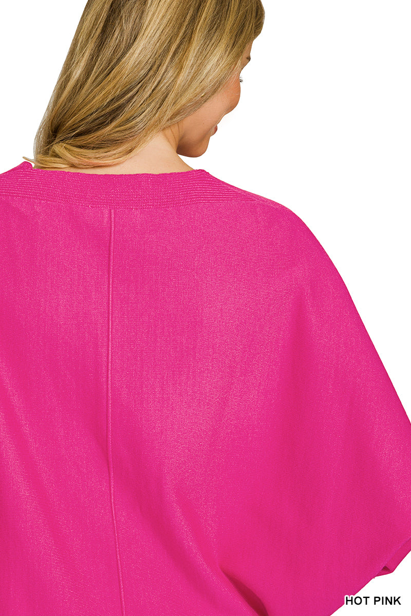 Zenana Viscose V Neck Dolman Sweater - Hot Pink
