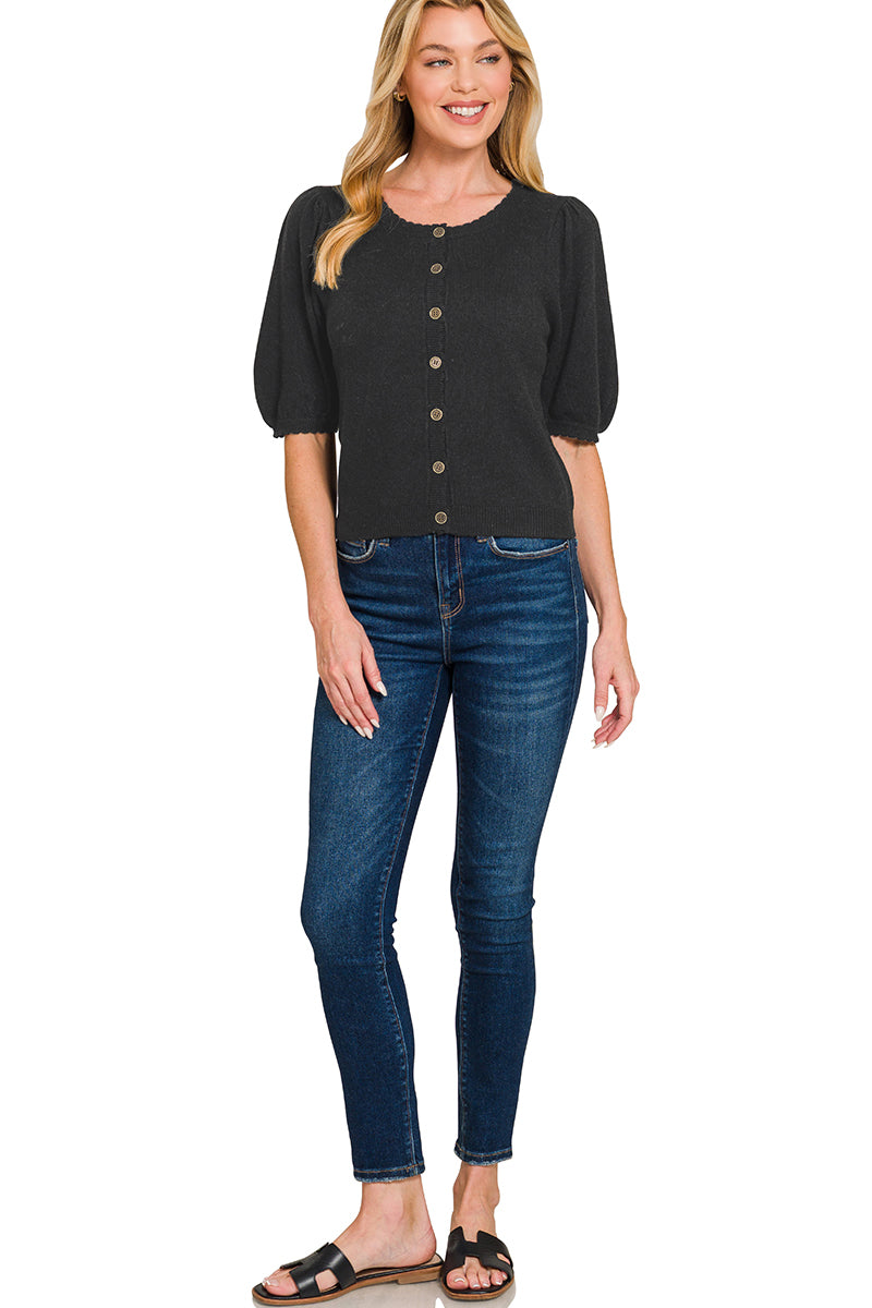 Zenana Puff Sleeve Wool Sweater Cardigan - Black