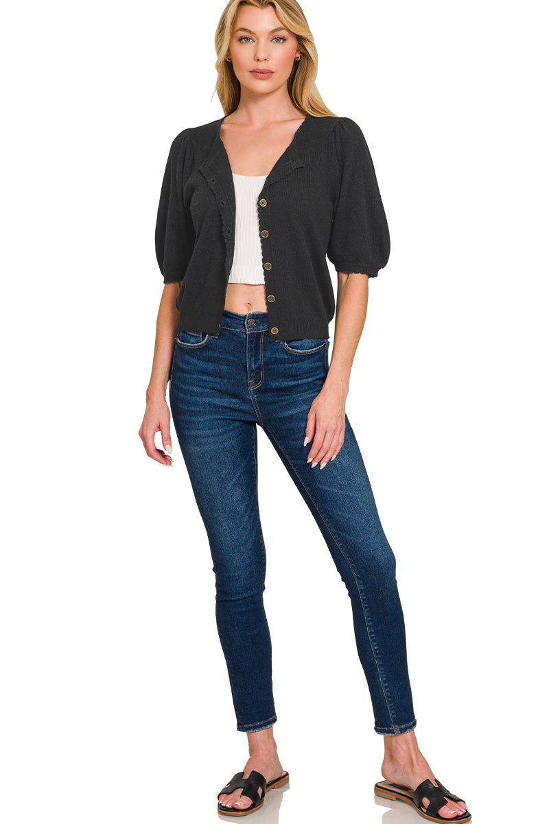 Zenana Puff Sleeve Wool Sweater Cardigan - Black