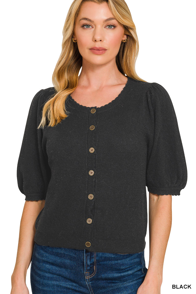Zenana Puff Sleeve Wool Sweater Cardigan - Black