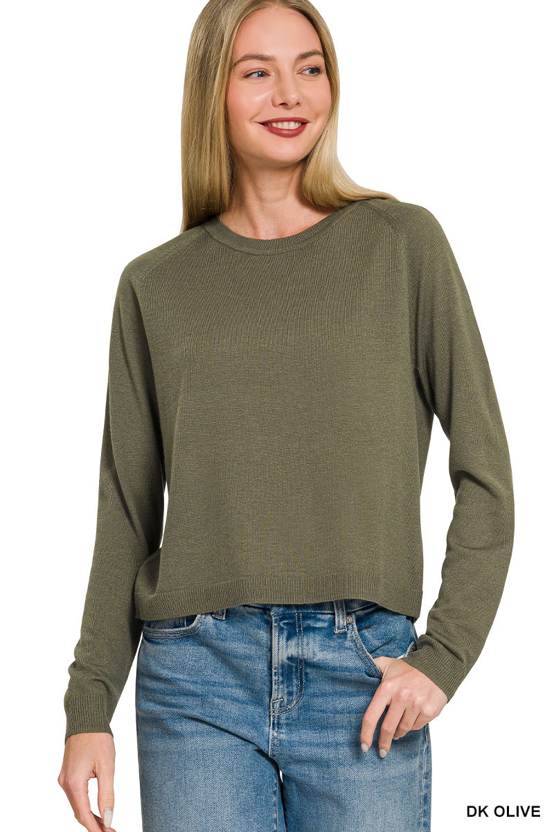 Zenana Women's Lightweight Wool Blend Round Neck Sweater - Dark Olive