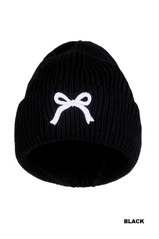 Women's Coquette Bow Embroidered Cuff Beanie