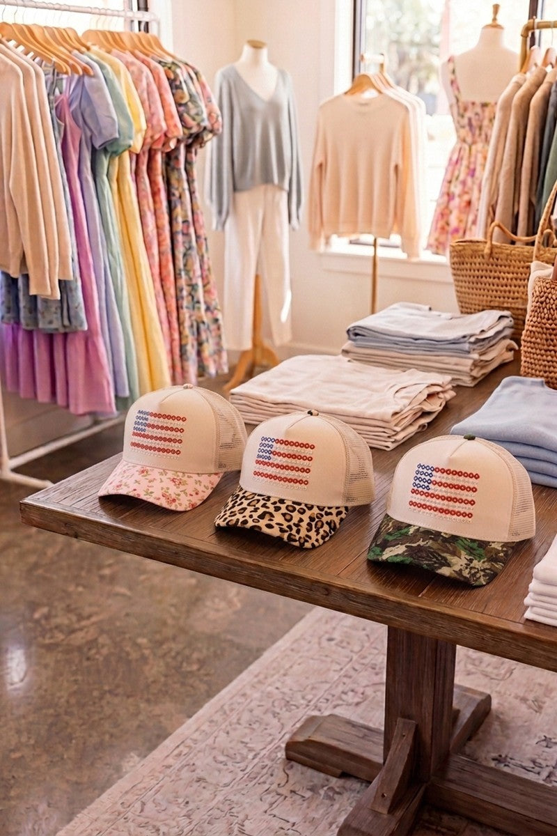 Star floral american flag two tone mesh snapback hat