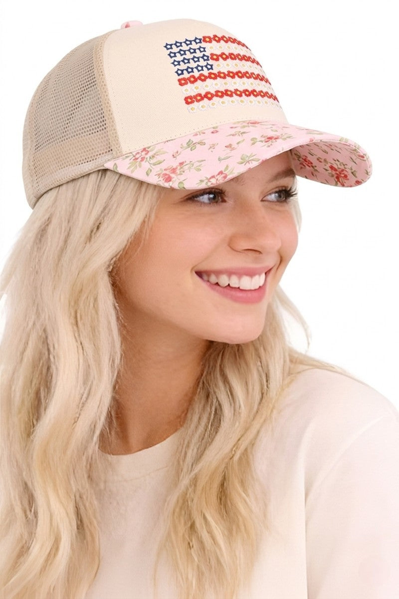 Star floral american flag two tone mesh snapback hat