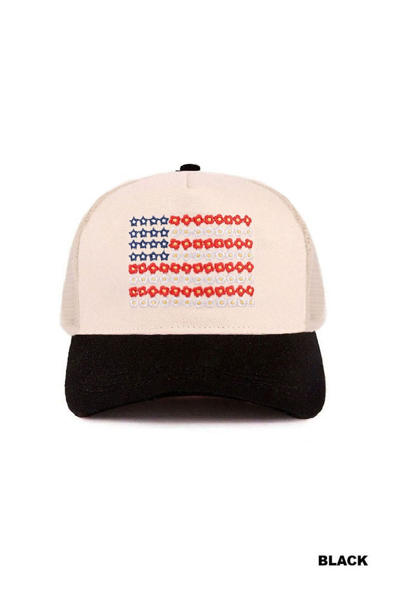 Star floral american flag two tone mesh snapback hat