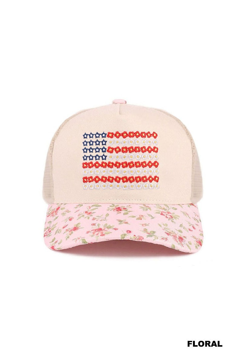 Star floral american flag two tone mesh snapback hat