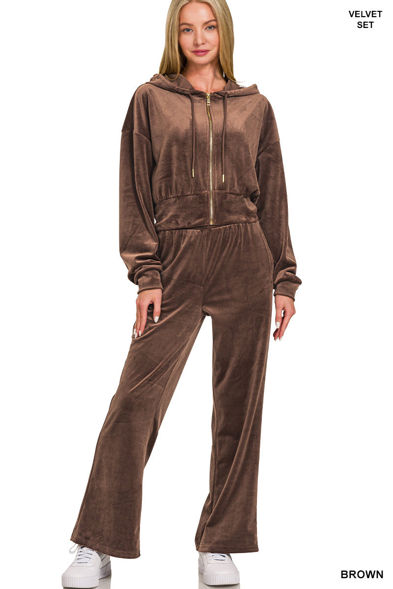 Zenana Women's Velvet Zip Up Hoodie & Pants Set - Brown