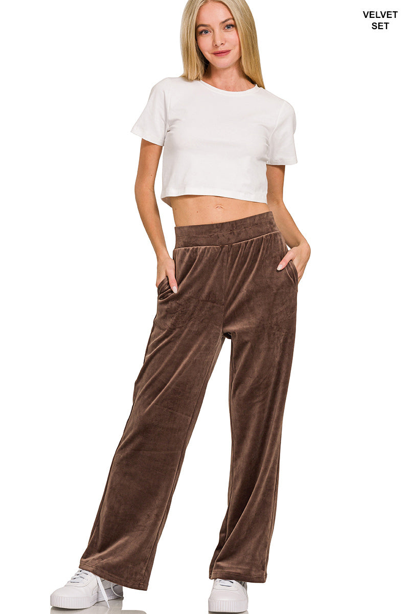 Zenana Women's Velvet Zip Up Hoodie & Pants Set - Brown