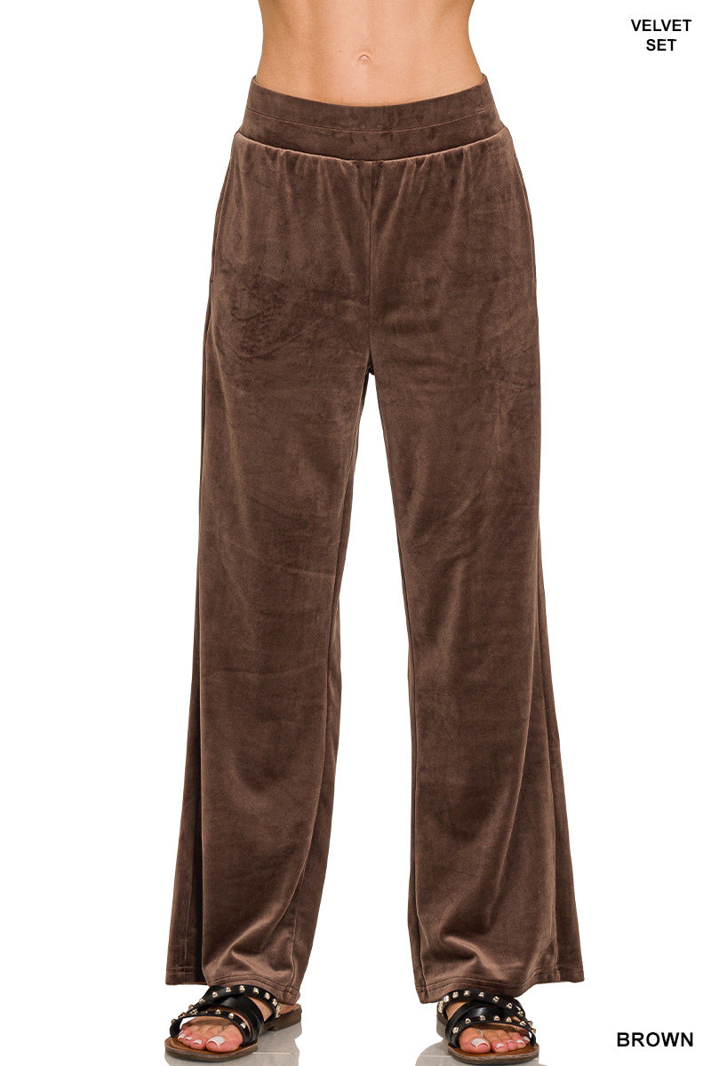 Zenana Women's Velvet Zip Up Hoodie & Pants Set - Brown