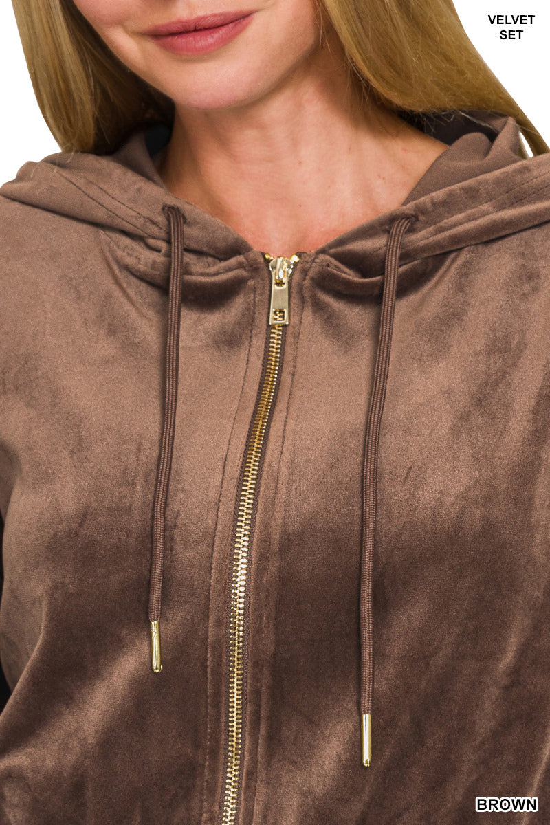 Zenana Women's Velvet Zip Up Hoodie & Pants Set - Brown