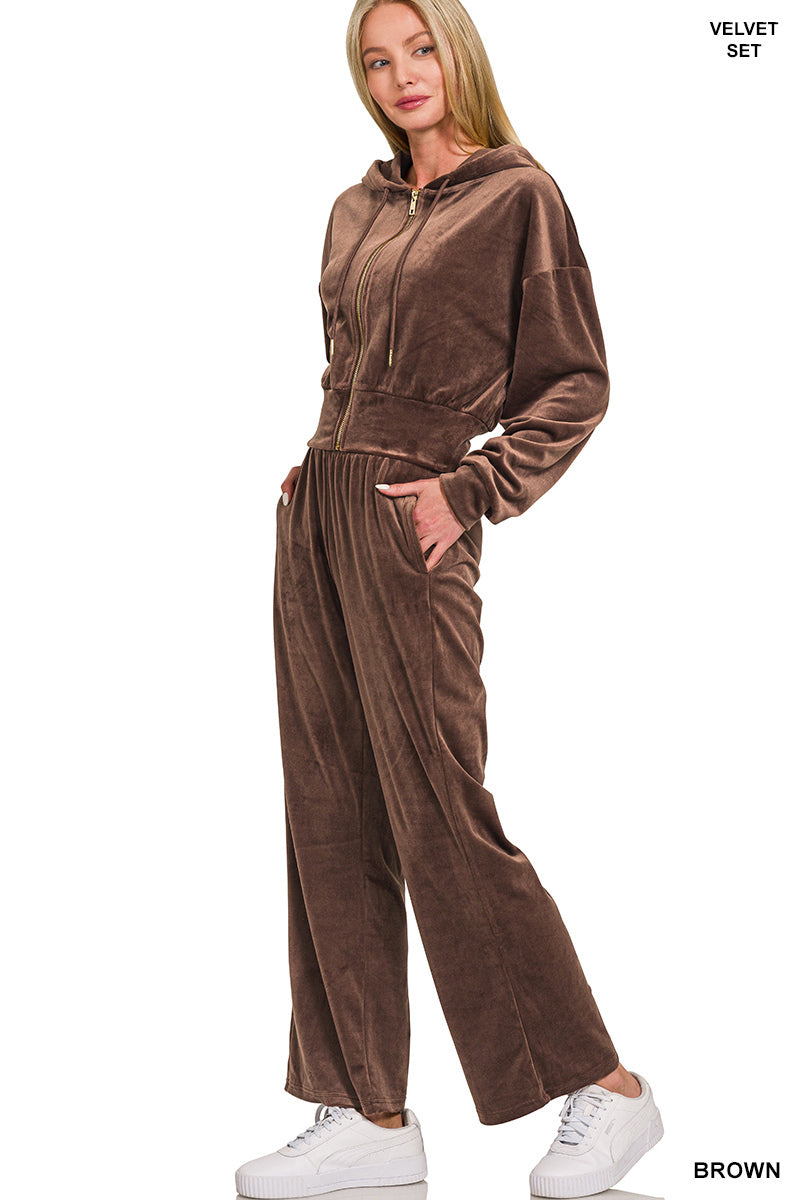 Zenana Women's Velvet Zip Up Hoodie & Pants Set - Brown