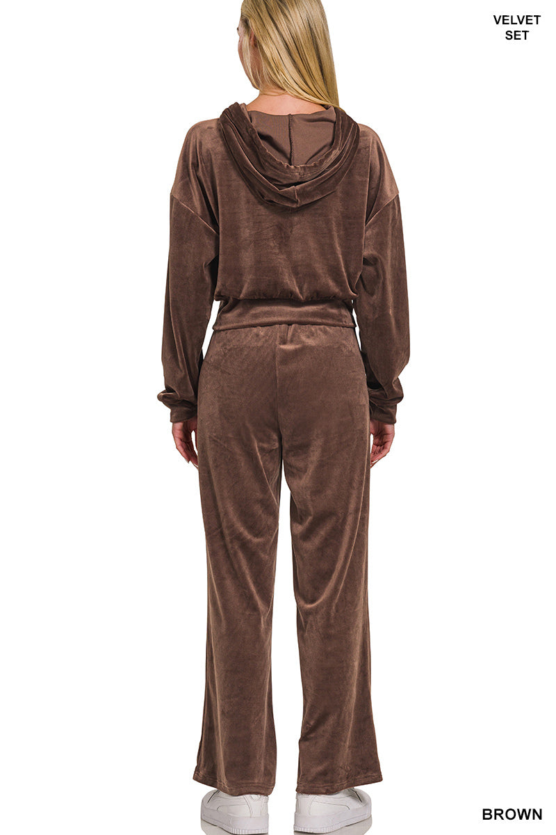 Zenana Women's Velvet Zip Up Hoodie & Pants Set - Brown