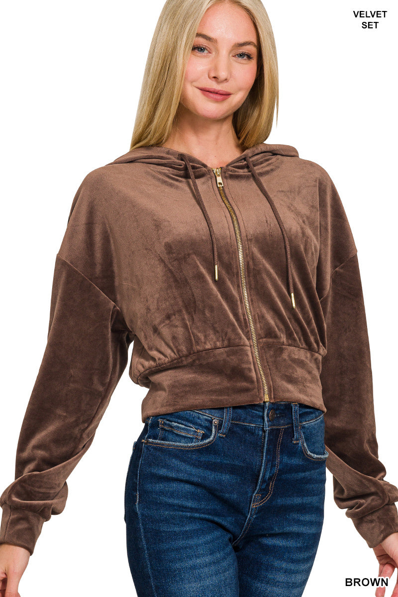 Zenana Women's Velvet Zip Up Hoodie & Pants Set - Brown