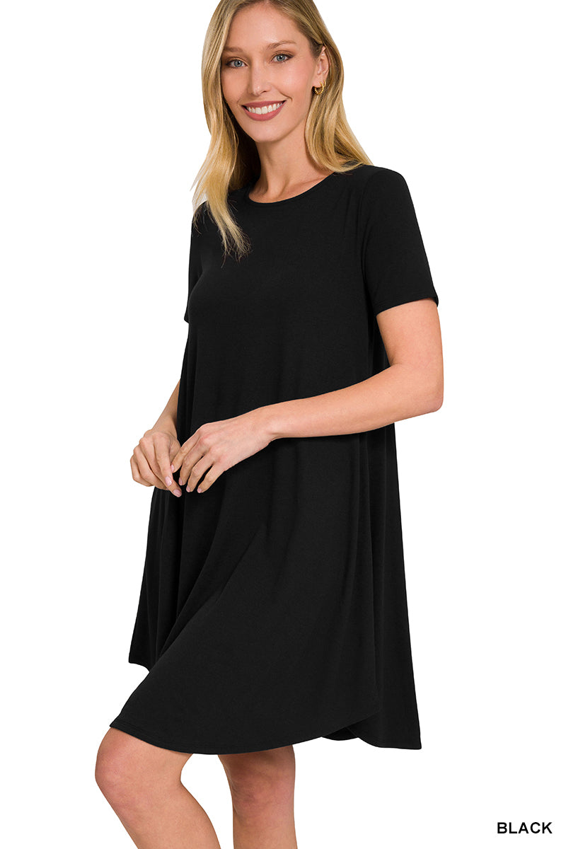 Zenana Women's Short Sleeve Round Hem A-line w/ Side Pockets Dress - Black