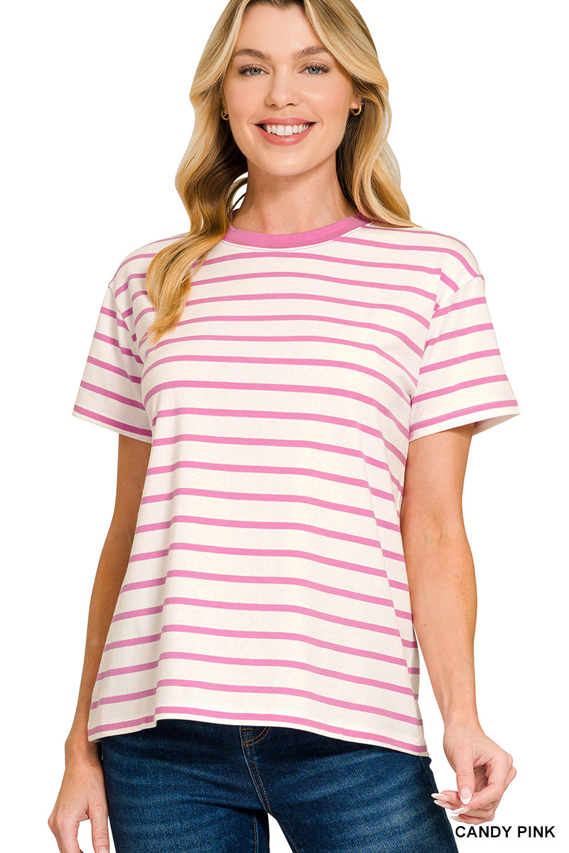Zenana Women's Striped Crew-Neck T-shirts - Candy Pink