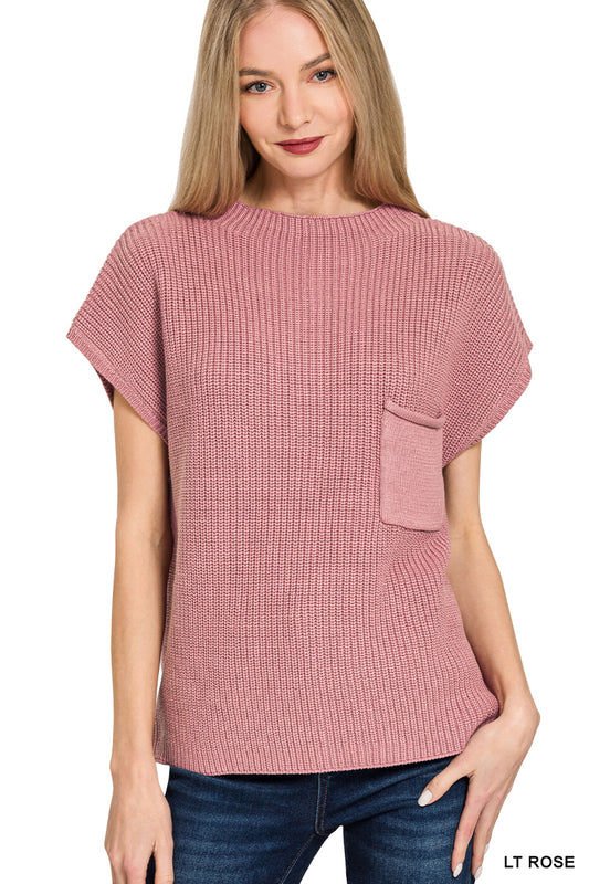 Zenana Women's Mock Neck Short Sleeve Sweater- Winter Rose