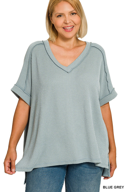 Zenana Women's Raised Rib Short Sleeve High Low V-Neck Plus Top - Blue Gray
