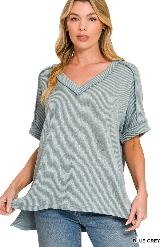 Zenana Women's Raised Rib Short Sleeve Hi-Low V-Neck Top - Blue Gray
