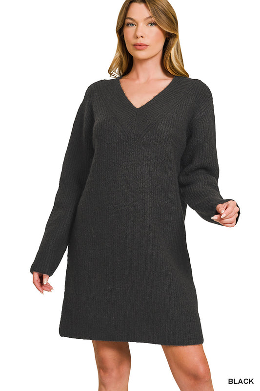 Zenana V-neck Sweater Dress - Black