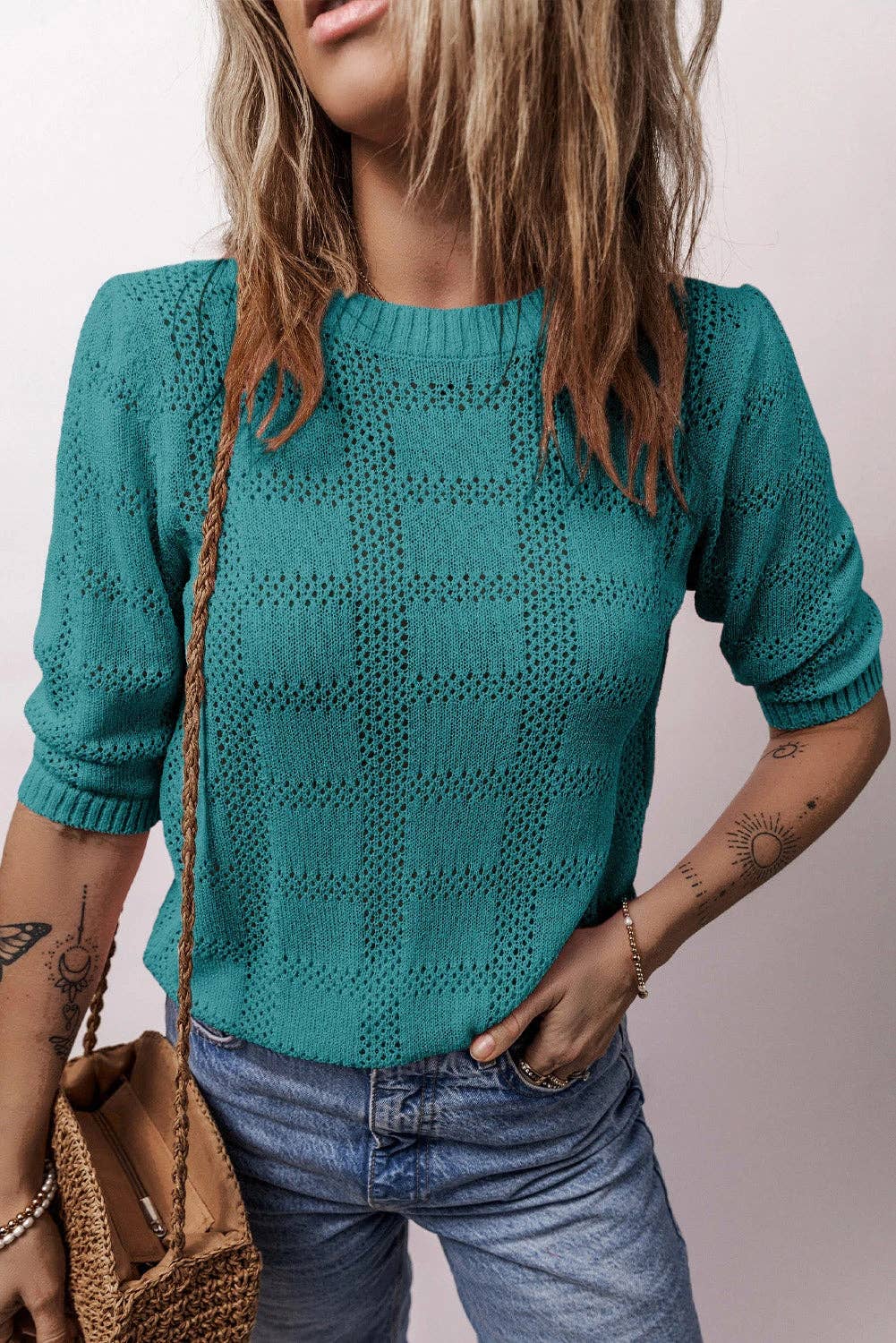 Lovesoft  Skobeloff Plaid Pattern Crochet Knit Short Sleeve Sweater