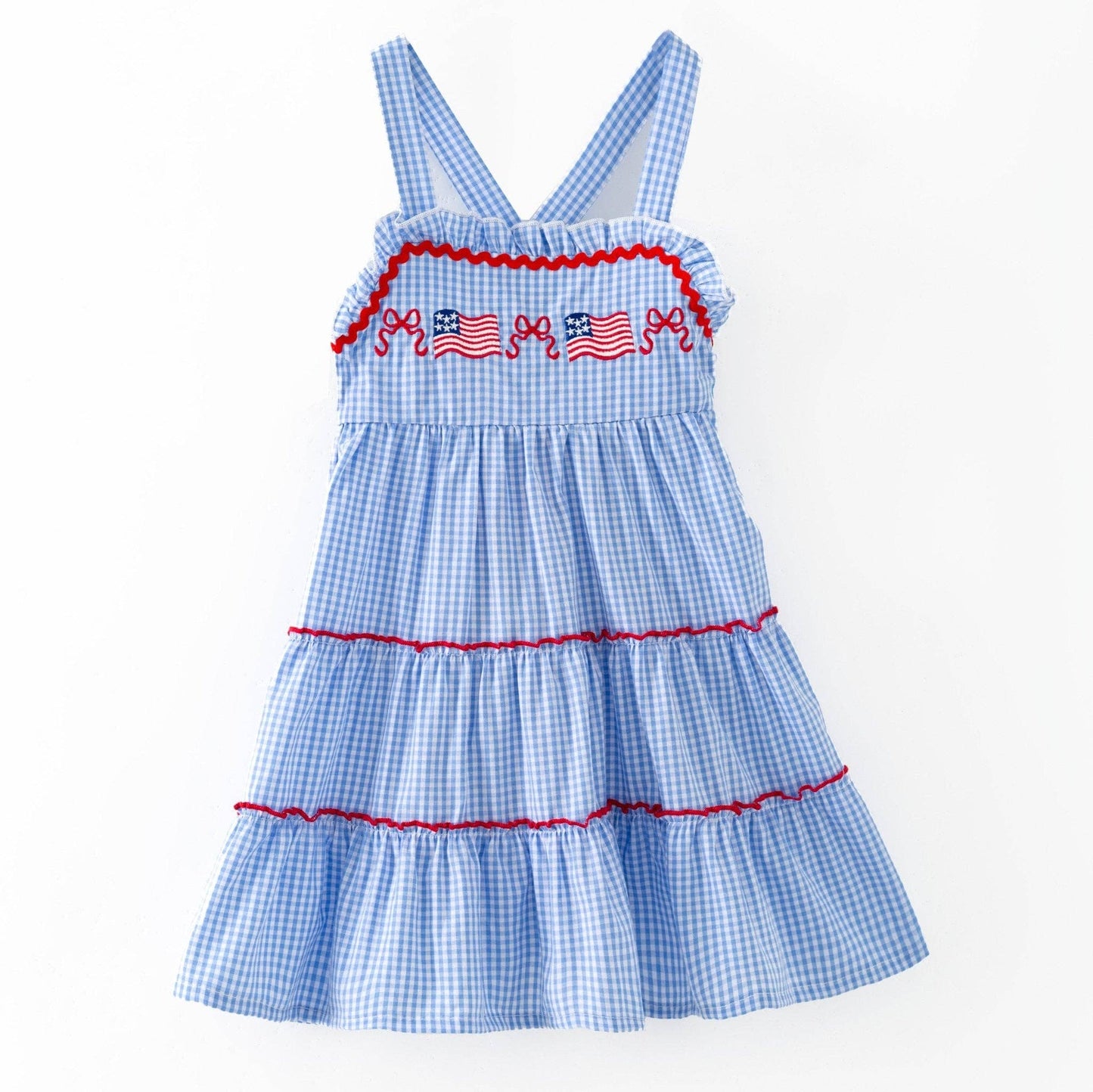 The Hair Bow Company - Blue Gingham American Flag Tiered Dress | Girls Patriotic Ruffle Dress - Size 6