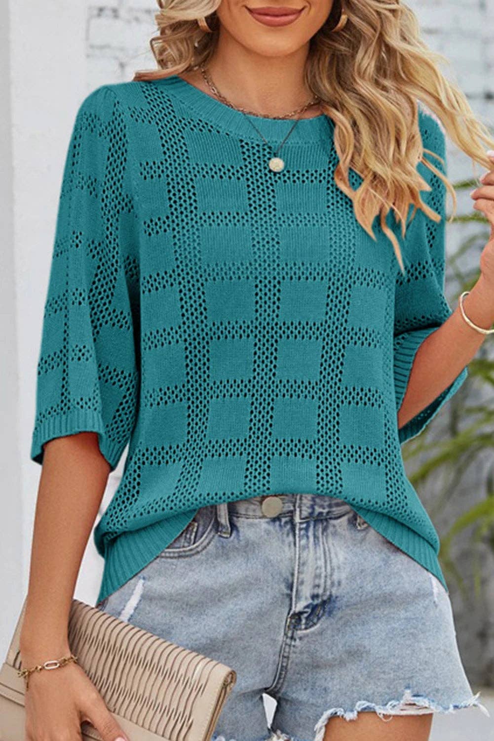 Lovesoft  Skobeloff Plaid Pattern Crochet Knit Short Sleeve Sweater