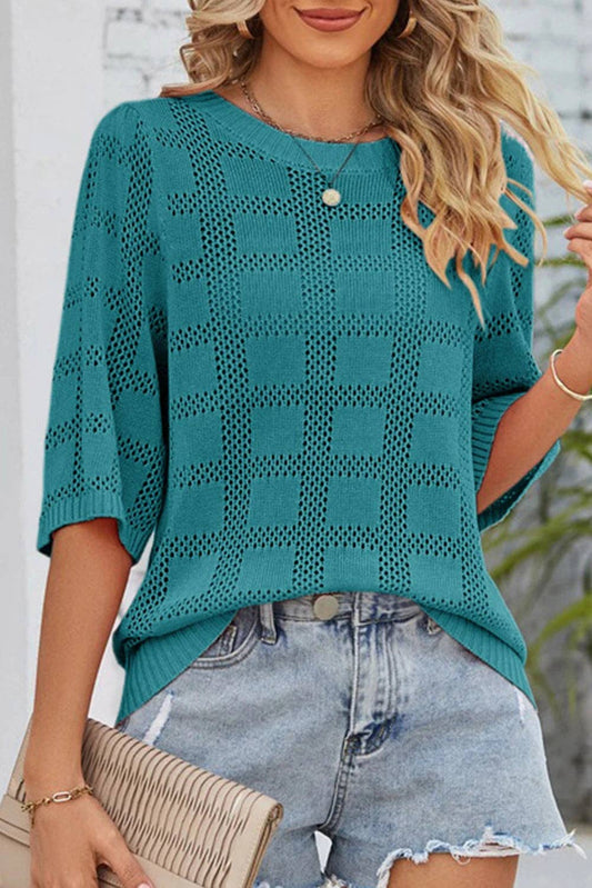 Lovesoft  Skobeloff Plaid Pattern Crochet Knit Short Sleeve Sweater